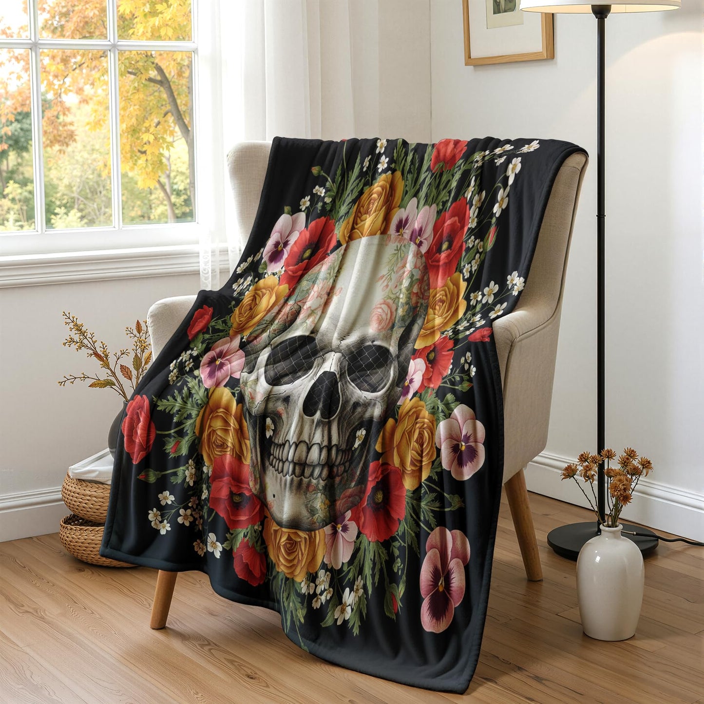 GEDAEUBA Skull Gifts for Women - Skeleton and Floral Fleece Blanket Throw, Soft Cozy Blankets & Throws for Couch, Bed, and Sofa, 50x60 inches