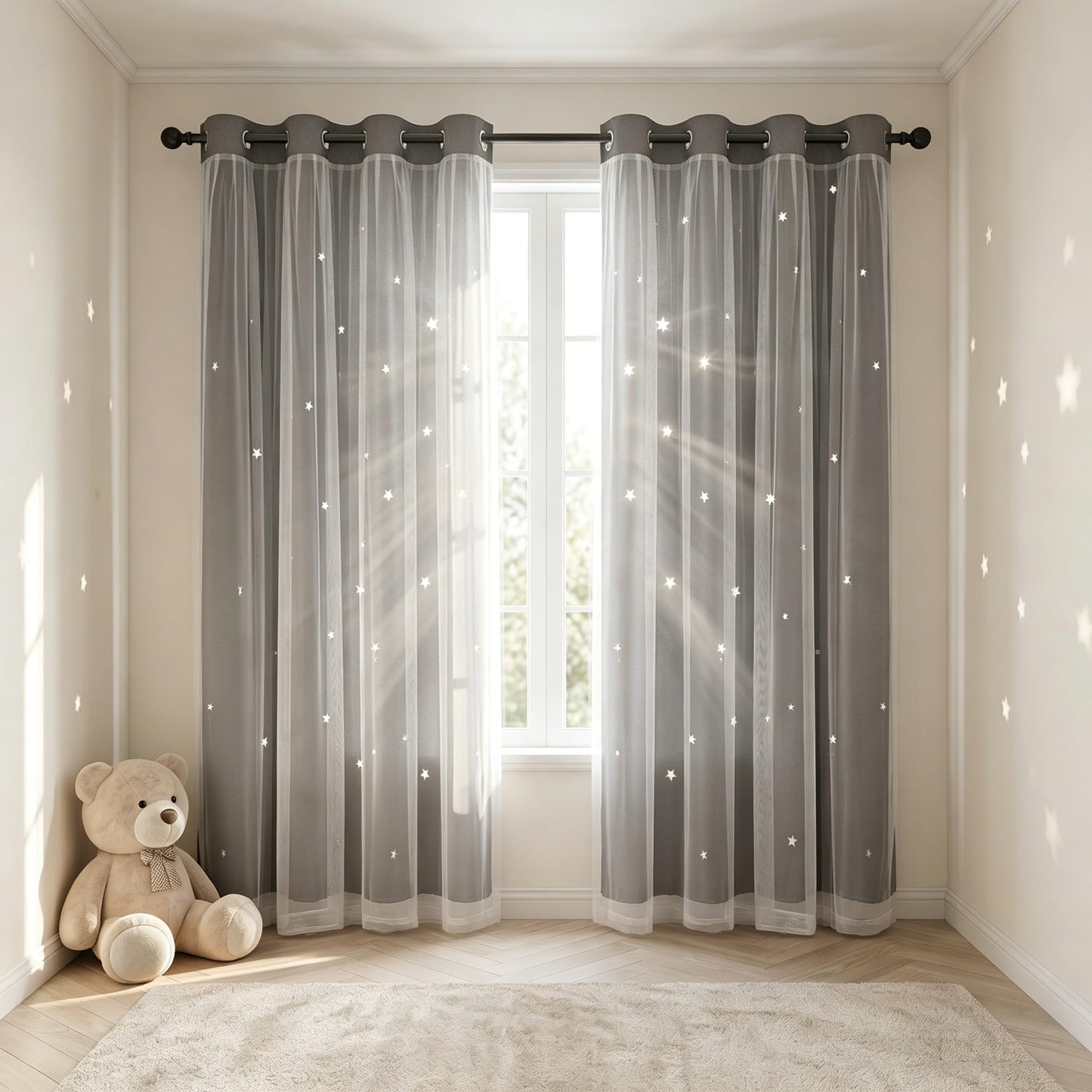 Kinryb Blackout Curtains for Girl Bedroom/Living Room/Classroom, Sheer Overlay 63 Inches 2 Panel Set, Double Layer Curtains with Star Cutout for Kids Room(W 52 x L 63 Inches,Grey 2 Pcs)