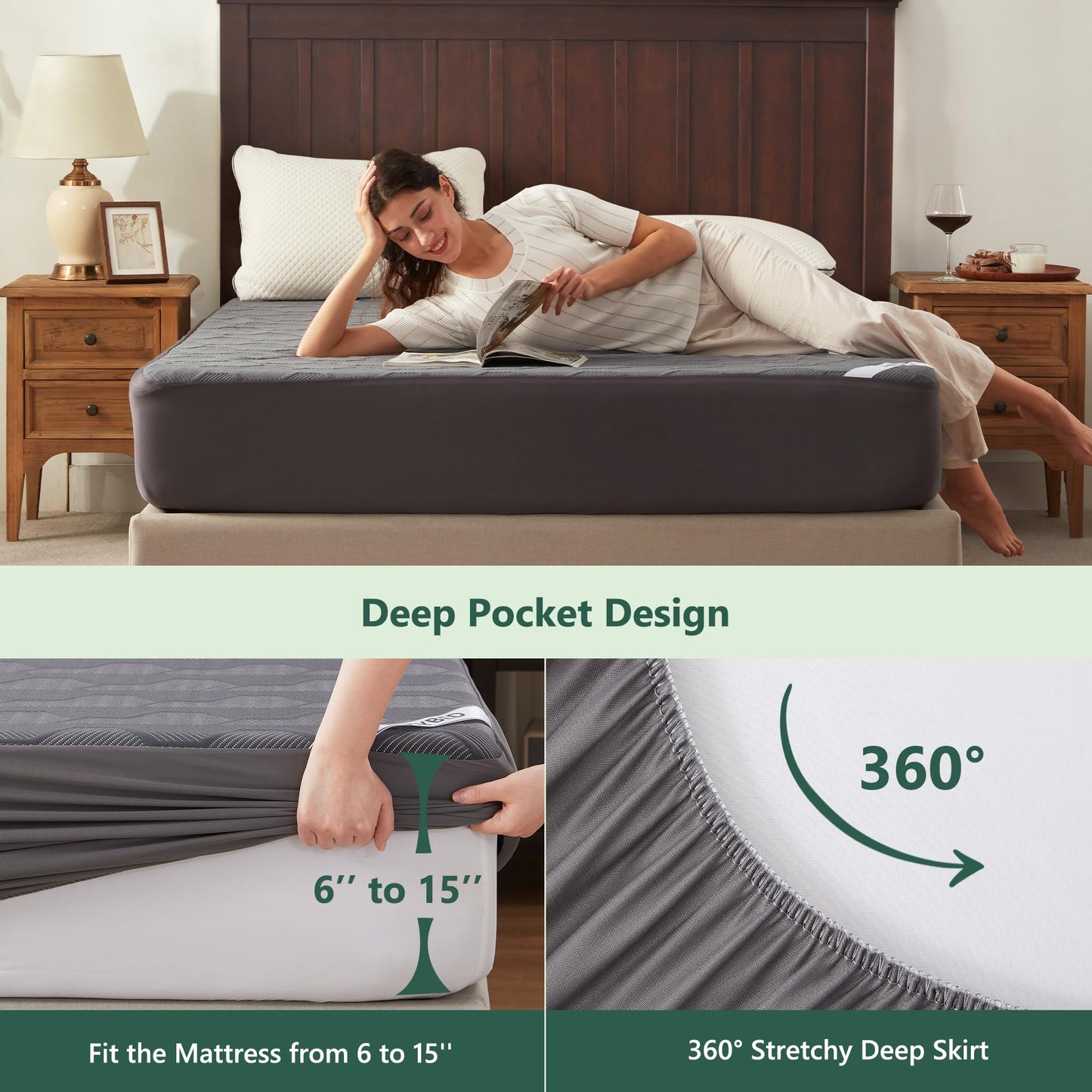 Queen Size Waterproof Mattress Protector, 40% Rayon Derived from Bamboo Grey Mattress Pad Cover, 3D Air Fabric Breathable Mattress Pad Fitted with Deep Pocket 6"- 15" Machine Washable