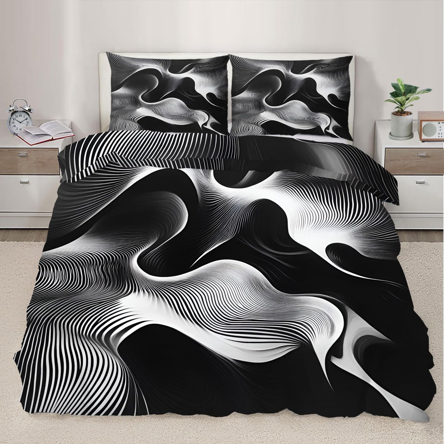 QINYUN Black White Duvet Cover King Size, Modern Abstract Bedding Set 3 Piece Bedroom Decor Trippy Psychedelic Comforter Cover and 2 Pillow Sham with Zipper Closure