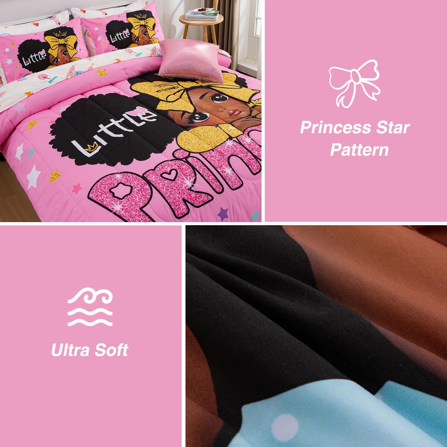 A Nice Night Black Girl Little Princess Comforter Set, Pink 6Pcs Bed in A Bag Twin Size Sparkling Stars Bedding Set,for Kids, Girls