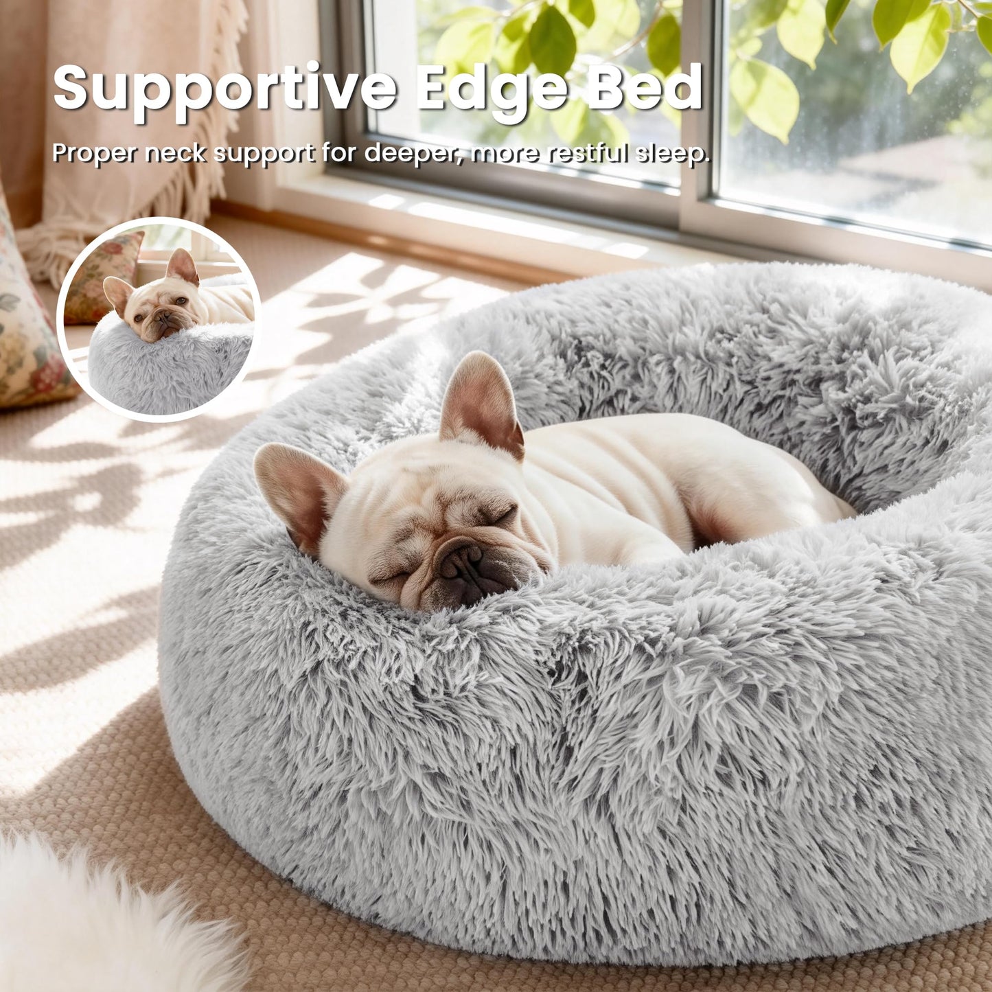 Love's cabin Calming Cat Bed for Indoor Cats, Anti-Anxiety Donut Round Dog Bed, Fluffy Faux Fur Washable Pet Bed for Small Medium Dogs and Cats, Grey, 20in
