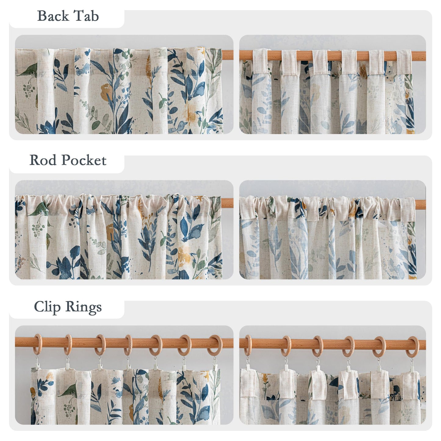 MYSKY HOME Floral Linen Curtains 84 Inch Long Set of 2 for Living/Dining Room Semi Sheer Light Filtering Farmhouse Flower Patterned Back Tab Drapes, Yellow and Blue, W50 Each Panel