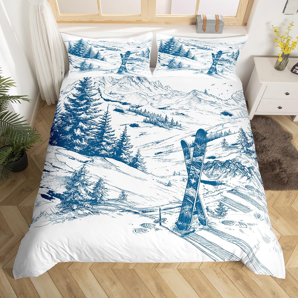Erosebridal Ski Sports Duvet Cover King Size for Boys Kids Teens Men Winter Sports Ski Theme Comforter Cover Set with Zipper Ties Soft Microfiber Snow Mountain Landscape Bedding Set for Adult Men