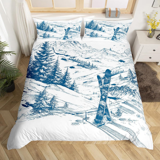 Erosebridal Ski Sports Duvet Cover King Size for Boys Kids Teens Men Winter Sports Ski Theme Comforter Cover Set with Zipper Ties Soft Microfiber Snow Mountain Landscape Bedding Set for Adult Men