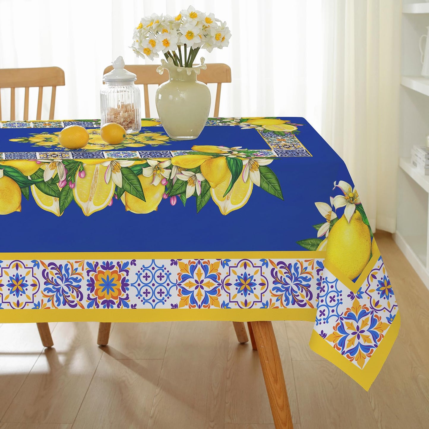 Honellaty Blue Yellow Lemon Vintage Pattern Tablecloth 60" x 84" Rectangle, Summer Table Cloth Spill-Proof Stain Resistant Wrinkle Free Table Cover for Dining, Party, Picnic