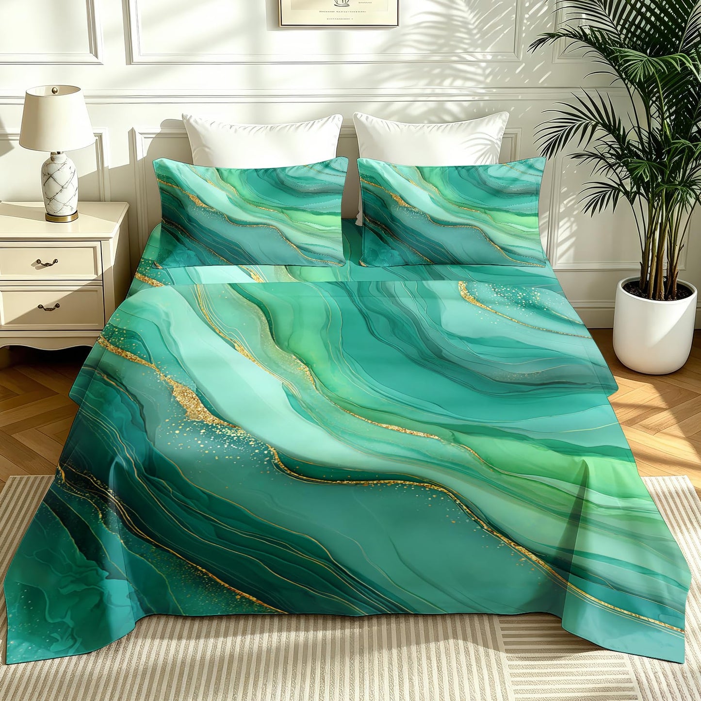 Green Full Sheet Set Marble Fluid Art Flat Fitted Sheet Sets, Green