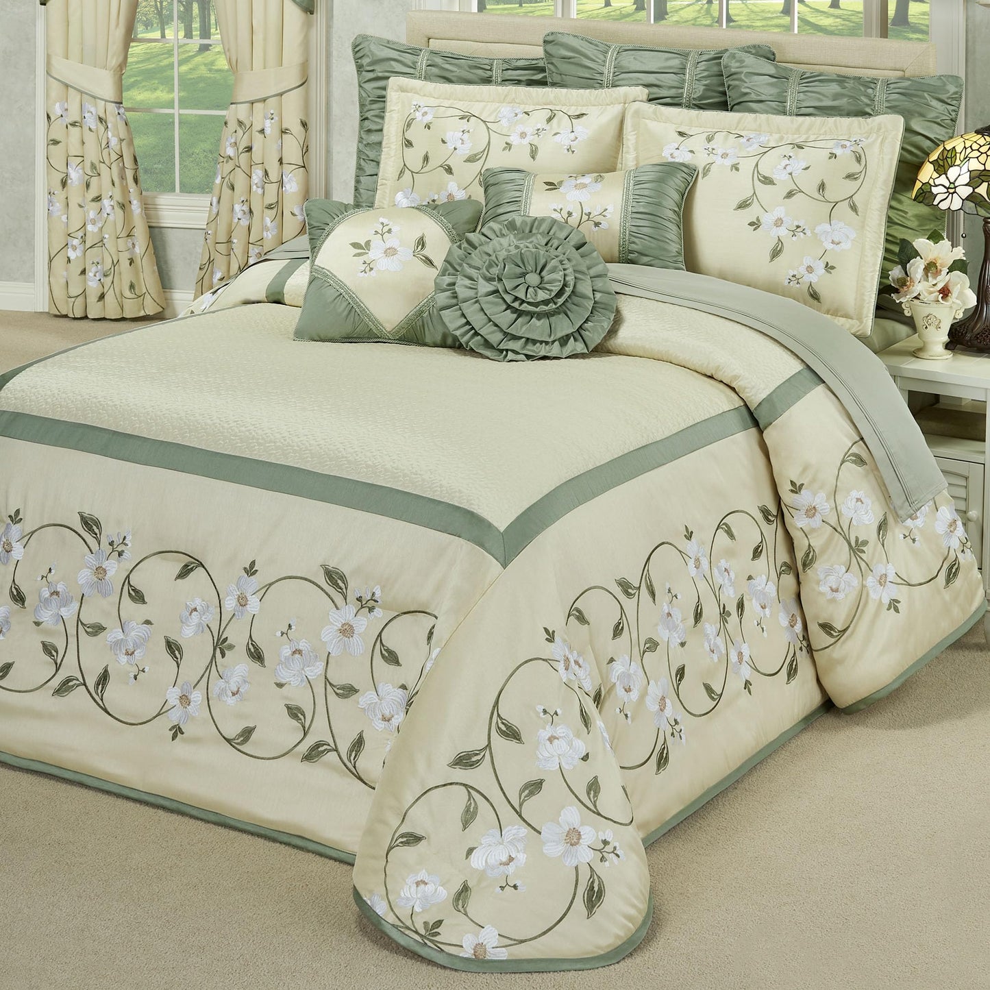 J. Queen New York Luxurious Garden Walk Bedding | Sophisticated Polyester Faux Silk Quilted Magnolia Flower Embroidery | Vanilla Cream Sage | 3 Piece Set: King Oversized Bedspread and 2 King Shams