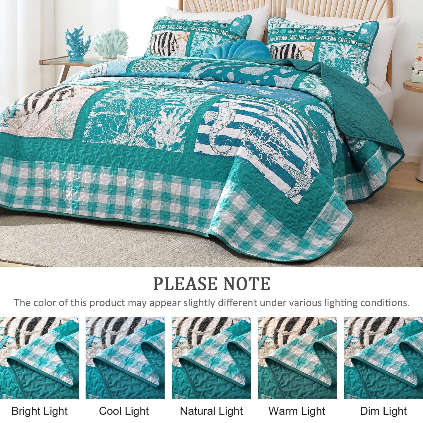DJY Coastal King Size Quilt Set 3 Piece,Summer Beach Bedspread Coverlet Lightweight Green Ocean Theme Plaid Patchwork Bedding Set with Shams,Reversible Microfiber Comforter Set for All Seasons
