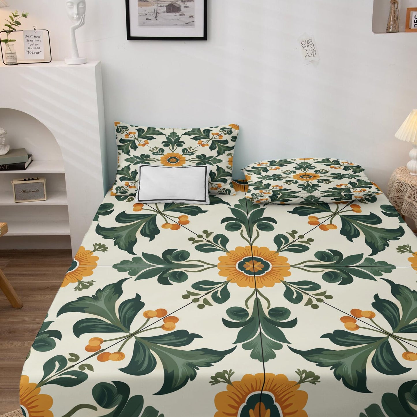 NOGAWA Ethnic Vintage Floral Sheets Queen, Boho Flower Bed Sheets, Deep Pocket & Soft Microfiber Bedding Sheets & Pillowcases 4 Piece - Fitted Sheet & Flat Sheet & 2 Pillow Cases