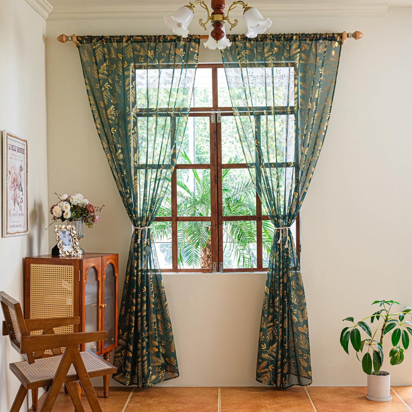 Deeprove Emerald Green Sheer Curtains 84 inches Long 2 Panels for Bedroom Living Room Xmas Decor Gliter Luxury Metallic Gold Foil Leaf Print Golden Window Treatments Pair Set, W52 x L84 Inch