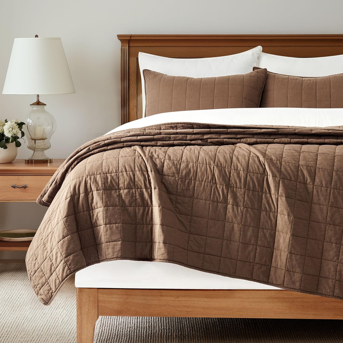 EVERGRACEHOME 100% Cotton Box Stitch Quilt Bedding Set Queen Size 3 Pieces, Garment-Washed Lightweight Soft Cozy Coverlet, Quilted Bedspread Sets with 2 Shams for All Season, Sienna Brown
