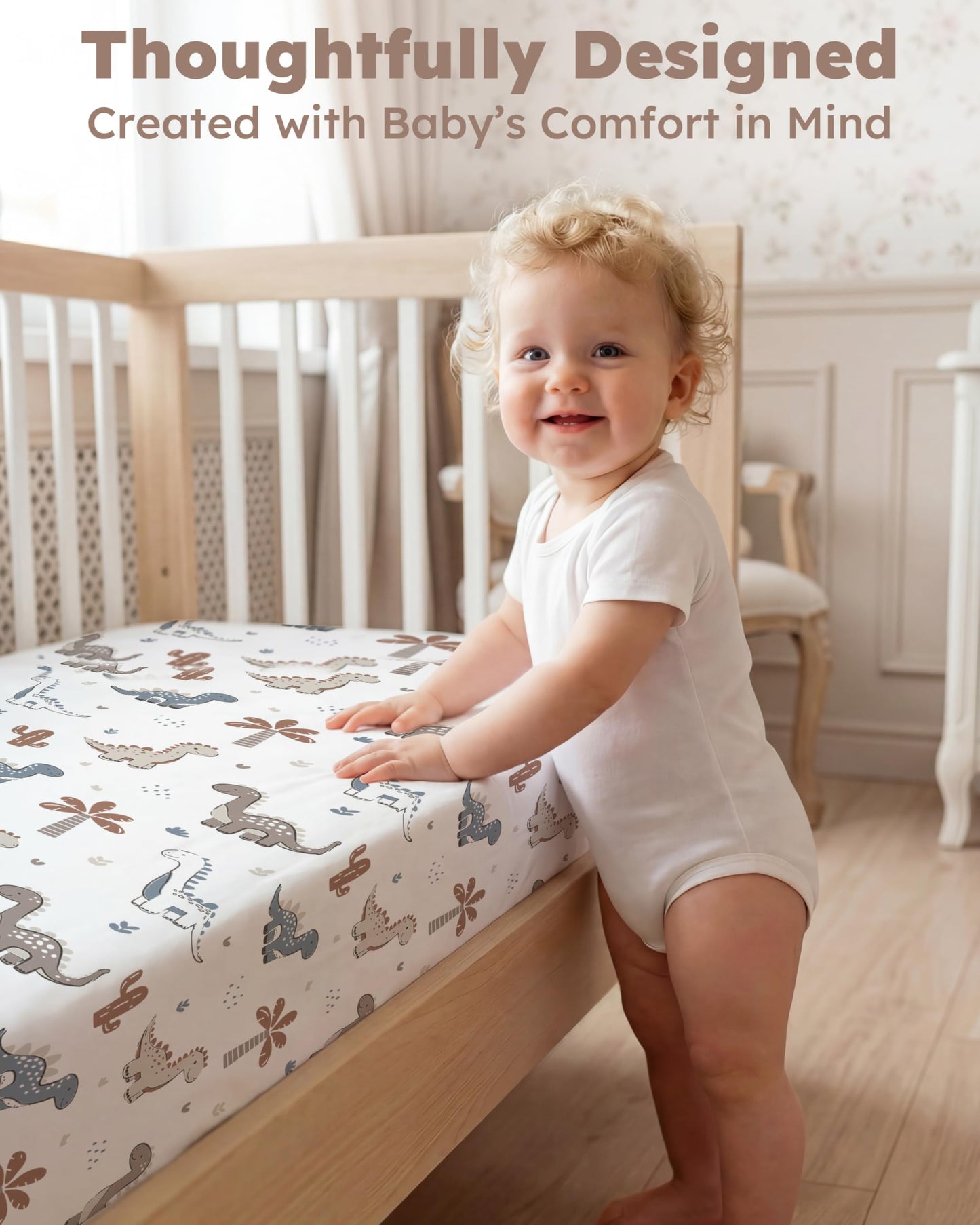Nyessmee Baby Crib Sheets for Boys and Girls, Fitted Crib Sheets 52" x 28", Soft Breathable Microfiber Sheets for Standard Crib and Toddler Mattress, 2-Pack Brown Dinosaur