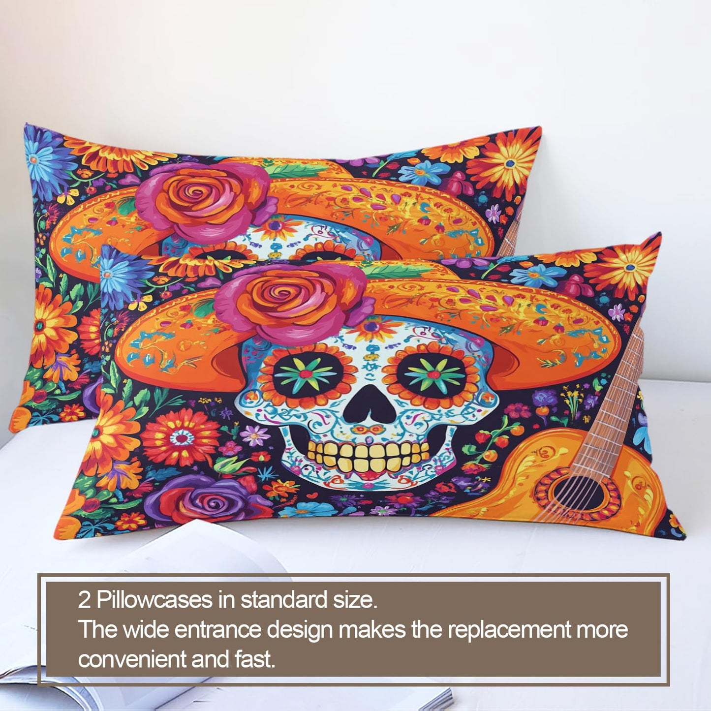 PAISUOQ Sugar Skull Duvet Cover King Size, Mexican Skull Bedding Set, 3 Piece, Soft Microfiber Patterned Comforter Cover with Zipper Ties & 2 Pillowcase, Gothic Hippie Bedroom Decor & Gifts
