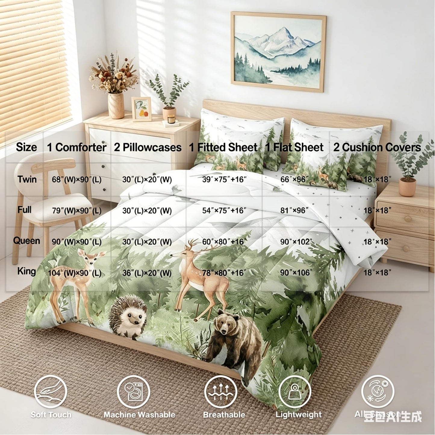 Erosebridal Giant Mountain Forest 7 Piece Comforter Set Twin Woodland Deer Bear Hedgehog Birds Bedding Set Jungle Wild Animal Pine Trees Comforter Wildlife Hunting Botanical Sheets for Kids Boys