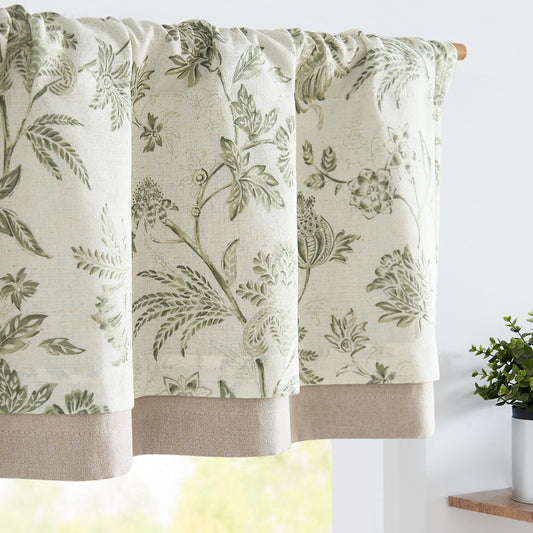 Vangao Linen Valance Curtain Farmhouse Cottage Floral Small Window Curtain Double Layer Light Filtering Drape for Kitchen Rustic Valance for Living Room16 Inch Rod Pocket 1 Panel Green on Beige