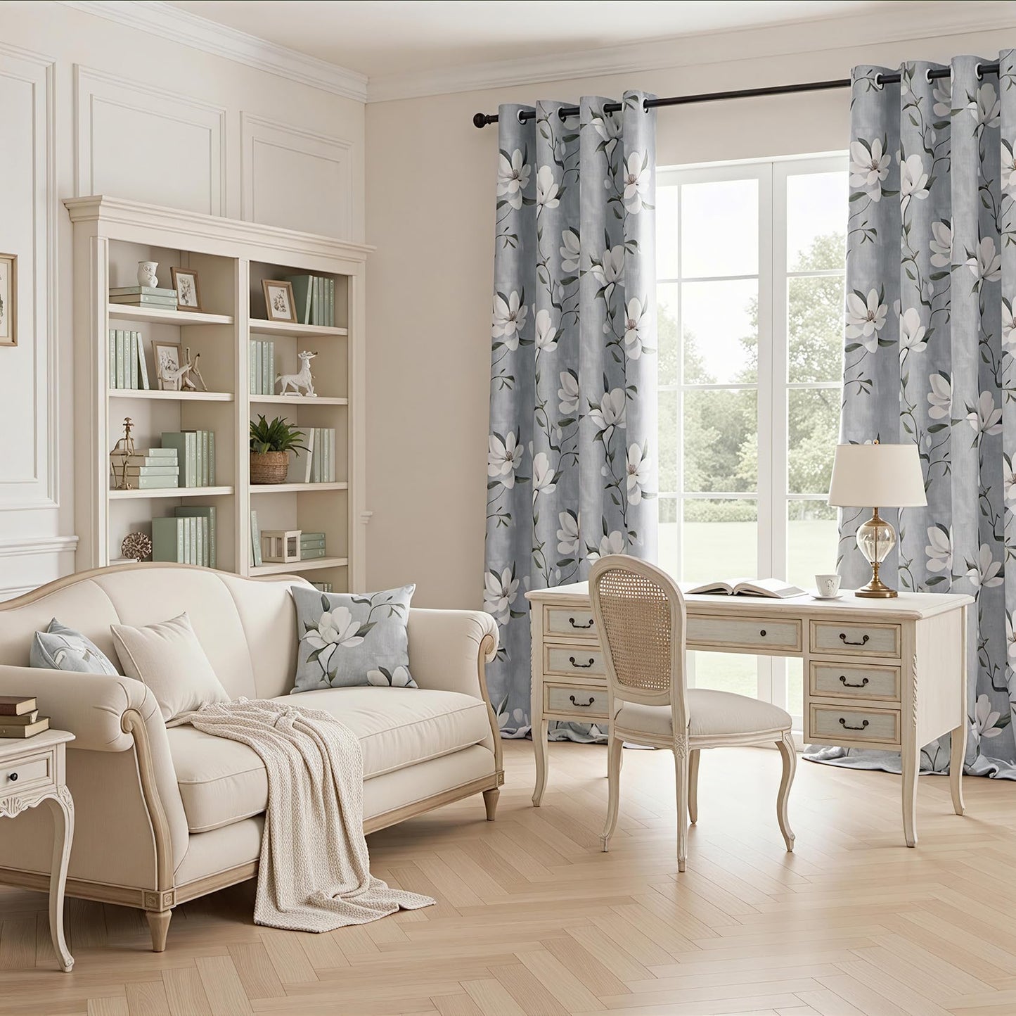MYSKY HOME Floral 95% Blackout Curtains 84 Inches Long 2 Panels Set for Living Room - Thermal Insulated Black Out Flower Pattern Printed Drapes Grommet Top Bedroom, 52" W Each Panel, Light Grey