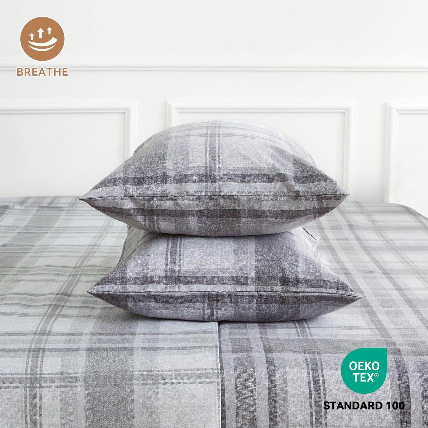 King Sheets Set 4PC - Soft Cooling 1800 Thread Count Microfiber Printed Sheet, 8 - 17" Deep Pocket Breathes Better, Hypoallergenic, Wrinkle Free, Machine Washable Grey Plaid Patterned Double Bedding