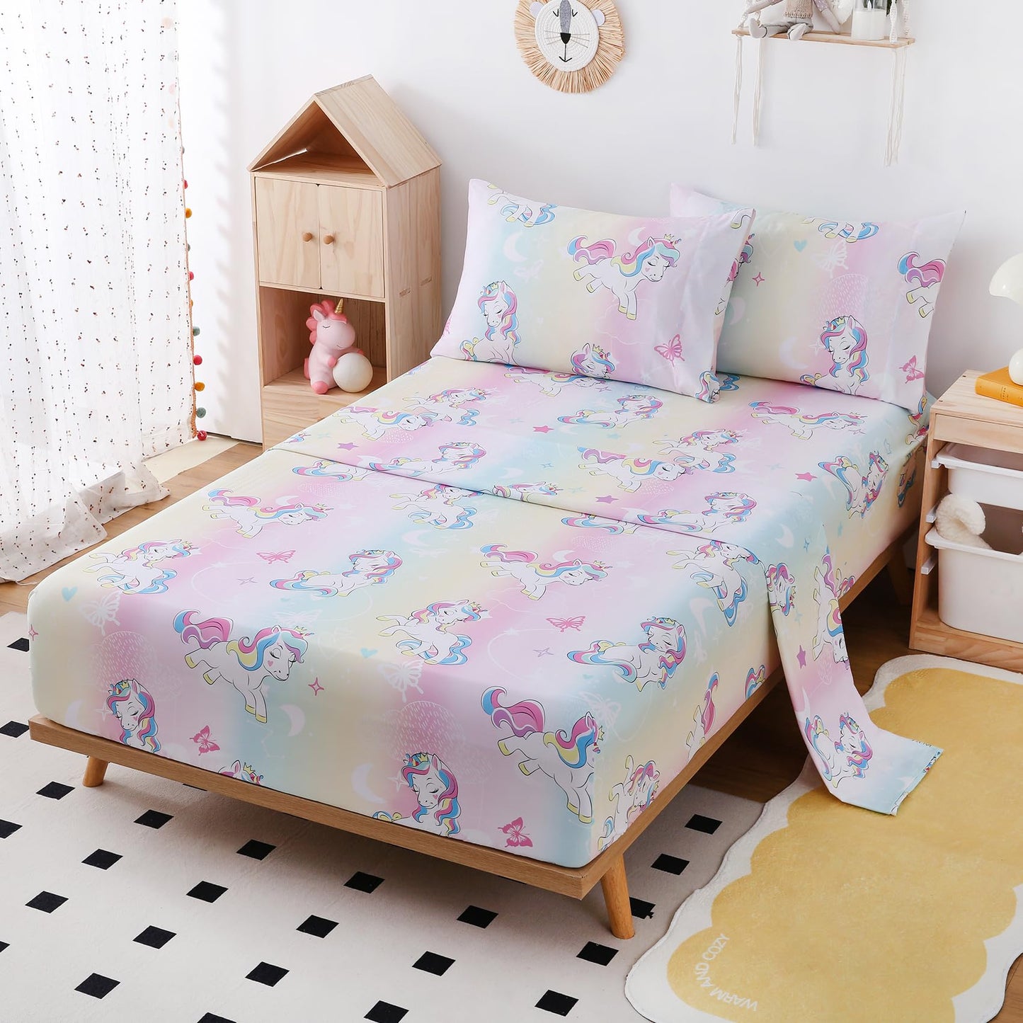 Yibeizi Full Size Sheets Set Kids, Rainbow Unicorn Pattern Microfiber Double Bed Sheets, Cute Soft Oeko-Tex Extra Deep Pocket Sheets & Pillowcases Cooling Hypoallergenic Wrinkle Free Bedsheets