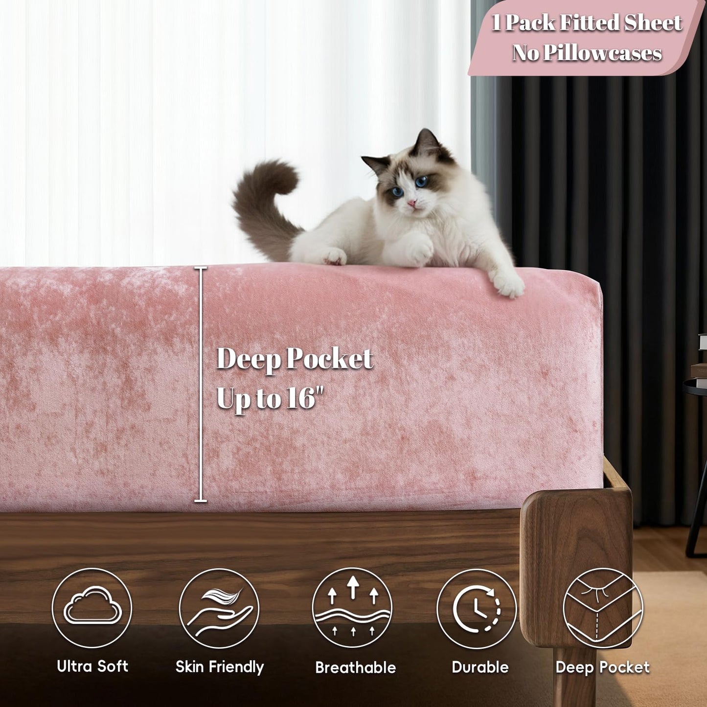 PHF Truly Velvet Fitted Sheet Only Full Size, Luxury Super Soft Cozy Fuzzy Flannel Bottom Sheet, Deep Pocket Up to 16",Strenghth Elastic Band, Suitable for Fall Winter Spring, No Pillowcases, Pink