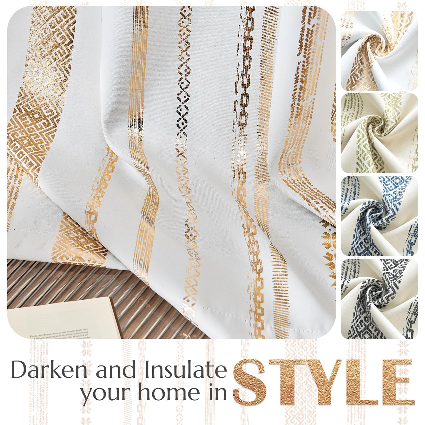 jinchan 100% Blackout Curtains 84 Inches Long for Bedroom, Boho Curtains Golden Geometric Foil Printed on Off White Back Tab Rod Pocket Holiday Room Darkening Drapes Farmhouse 2 Panels