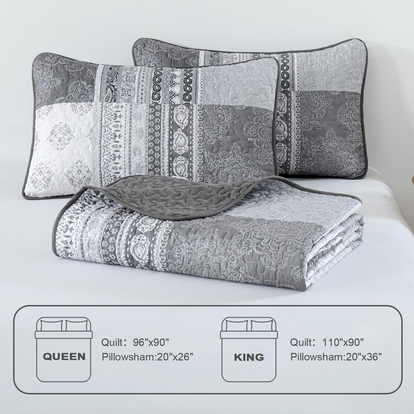 Dintszyayue Grey Quilt Set Queen Size Boho Patchwork Bedspread Coverlet 3 Pieces, Bohemian Floral Plaid Quilt Bedding Set Soft Microfiber Summer Bedding Bedspread Set, 96''x90''