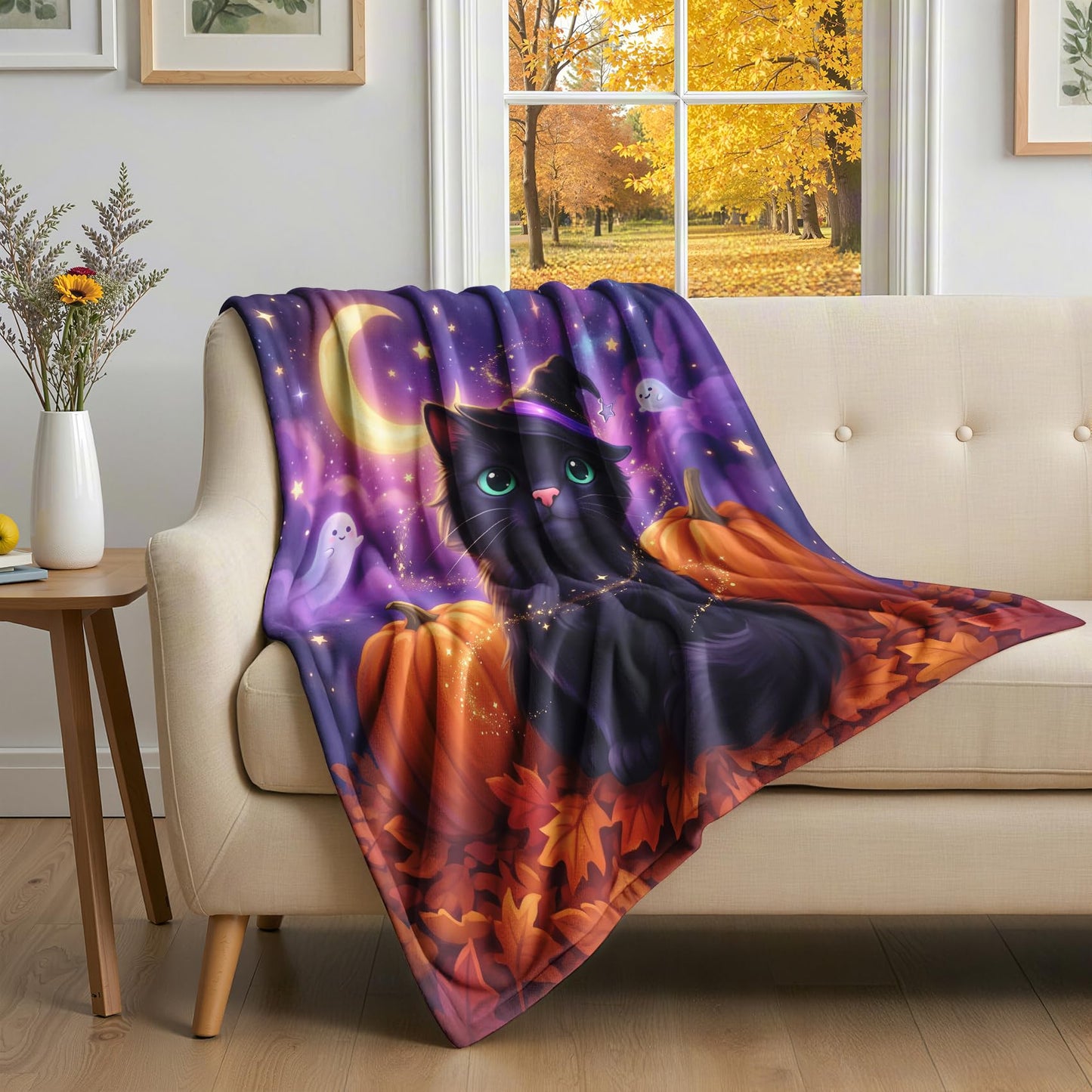 GEDAEUBA Halloween Blankets - Witchy Black Cat Pumpkin Ghost Fleece Blanket Throw, Soft Cozy Blankets & Throws for Couch, Bed, and Sofa, 50x60 inches
