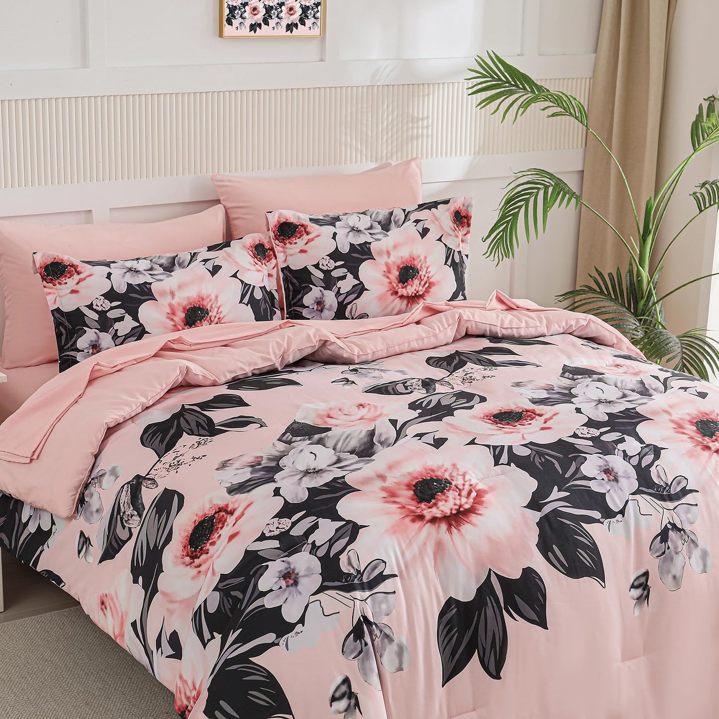 Yogeneg Queen Comforter Set 7 Piece Bed in a Bag,Pink Black Floral Botanical Pattern Blush Bedding Set,Soft Microfiber Comforter with Sheet Set,All Season Bed Set(Pink Black,Queen)
