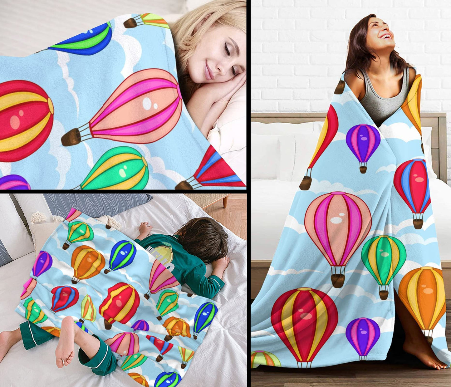 Cartoon Hot Air Balloon Blanket 60"x80" - Ultra Soft Flannel Throw for Adults & Kids - Playful Cloud & Balloon Print - Lightweight Plush Blanket for Bed, Sofa & Home Decorations