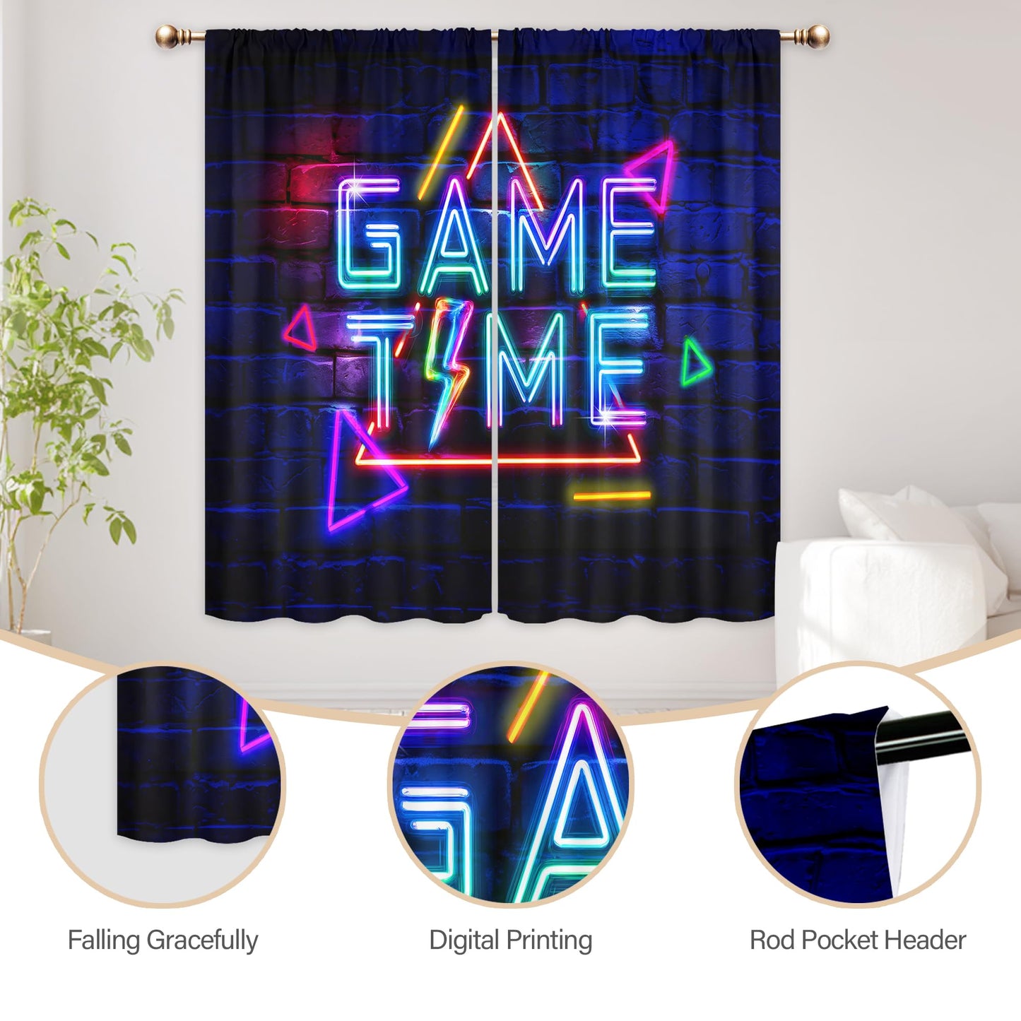 Mitpok Kids Neon Gaming Curtains for Boys Bedroom 42Wx63H Inch Rod Pocket Gamer Video Game Time Cool Modern Geometric Rustic Brick Wall Child 2 Panel Window Treatment Set for Playroom Room Decor