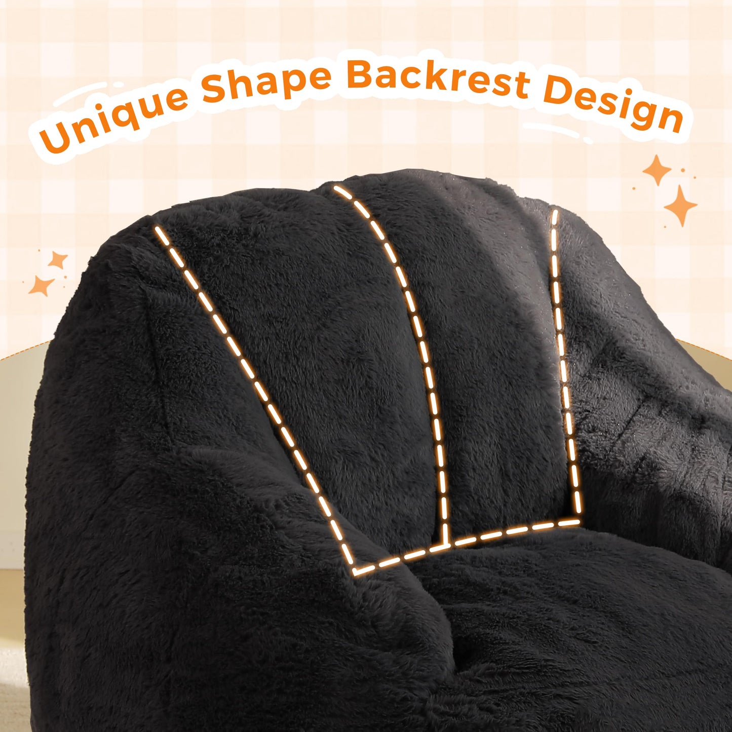 MAXYOYO Kids Bean Bag Chair, Comfy Bean Bag Sofa with Back Support, Faux Fur Cute Chair for Boys and Girls, Stuffed Floor Sofa for Nursery, Bedroom, Black
