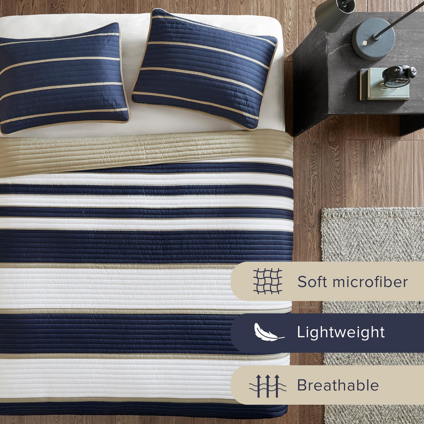 Comfort Spaces Quilt Set Trendy Casual Fun, Vibrant Color Design, Hypoallergenic All Season, Lightweight Coverlet Bedspread Cozy Kids Bedding & Sham Full/Queen Verone White Blue Stripe 3 Piece