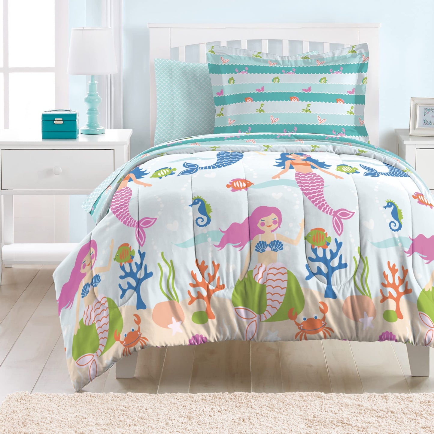 dream FACTORY Kids 5-Piece Complete Set Easy-Wash Super Soft Microfiber Comforter Bedding, Twin, Light Blue Mermaid Dreams