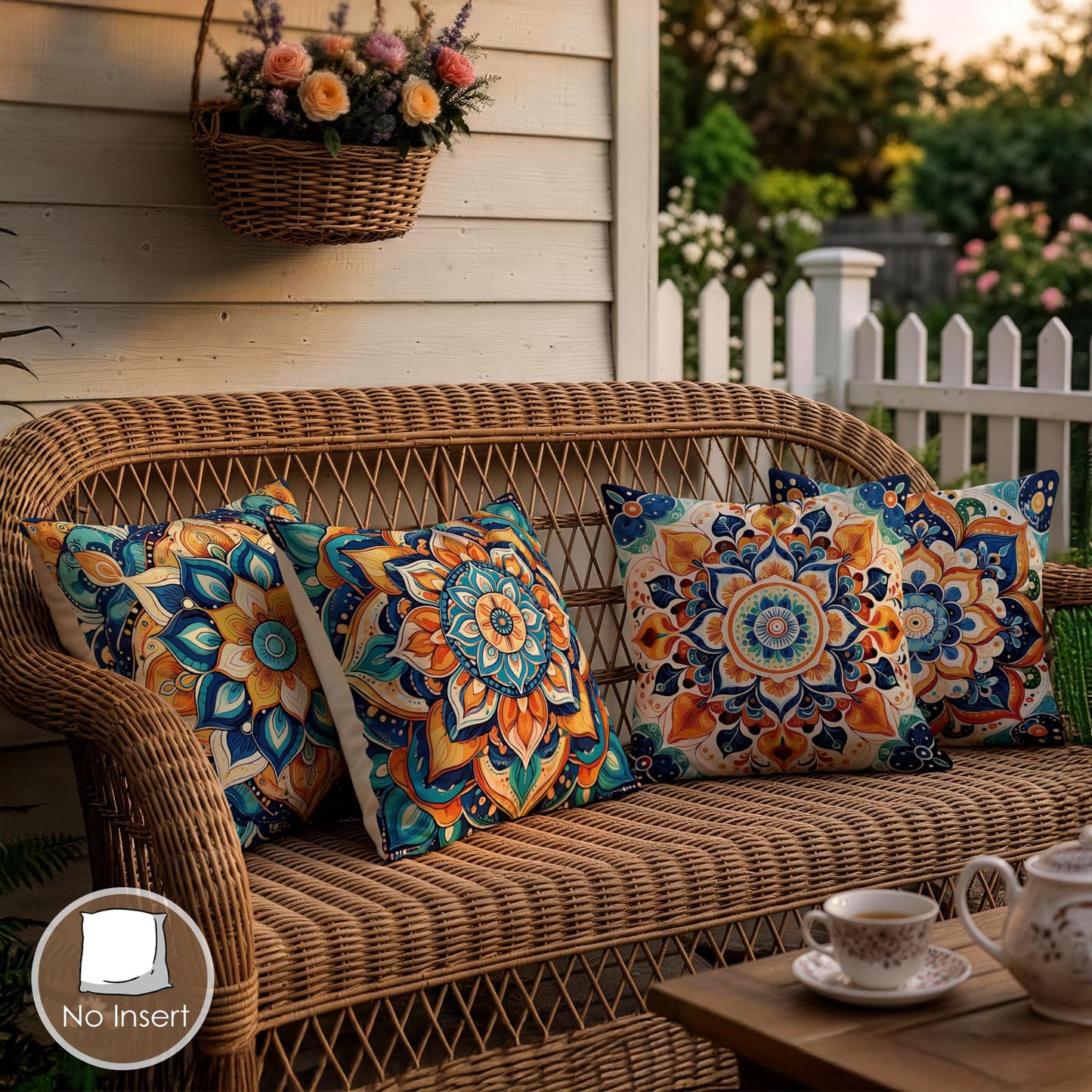 OBSEDE Boho Mandala Throw Pillow Covers Set of 4, 18x18 Inch Blue and Orange Bohemian Decorative Pillow Cases for Couch Sofa, Psychedelic Floral Spiritual Home Decor
