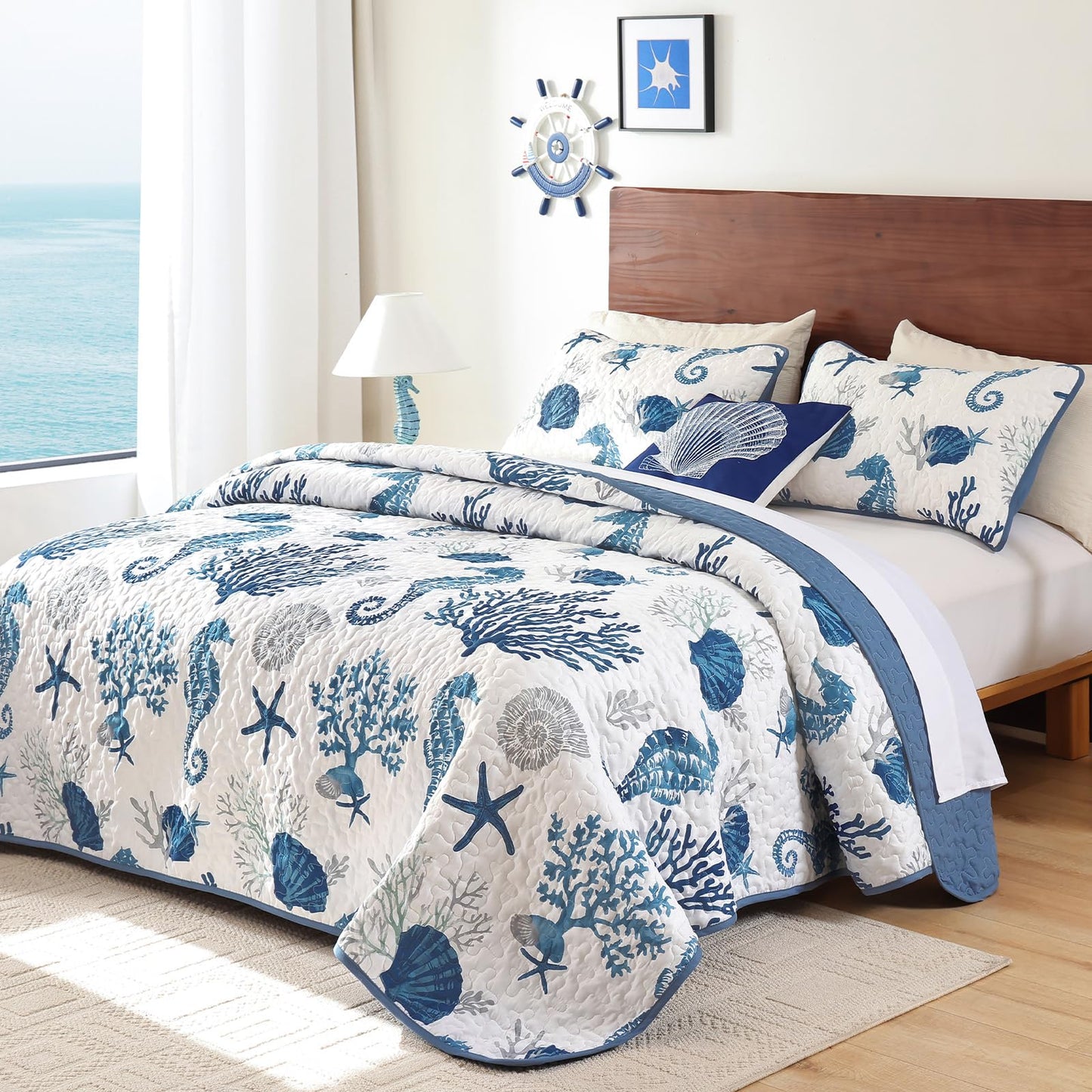 Djoymock Coastal King Size Quilt Set 3 Pcs, Summer Blue Beach Theme Quilts with Pillowcases Reversible Microfiber Ocean Bedding Set Nautical Bedspreads Coverlet Lightweight Comforter for All Season