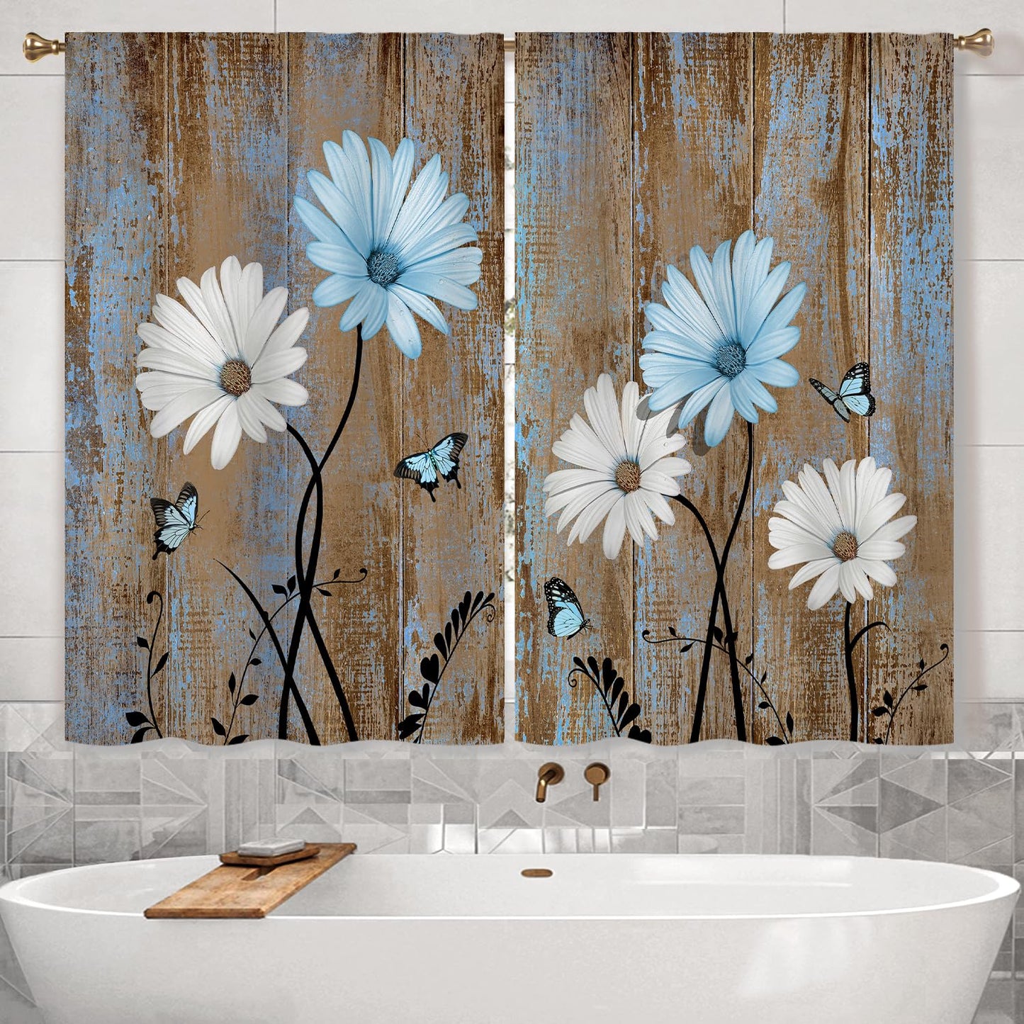 Cizuug Blue Farmhouse Daisy Curtains KitchenWooden Barn Plank Small Short Cafe Window Curtains Butterfly Rustic Country Spring Farm Bathroom Drapes Treatment Tier Curtains 2 Panels