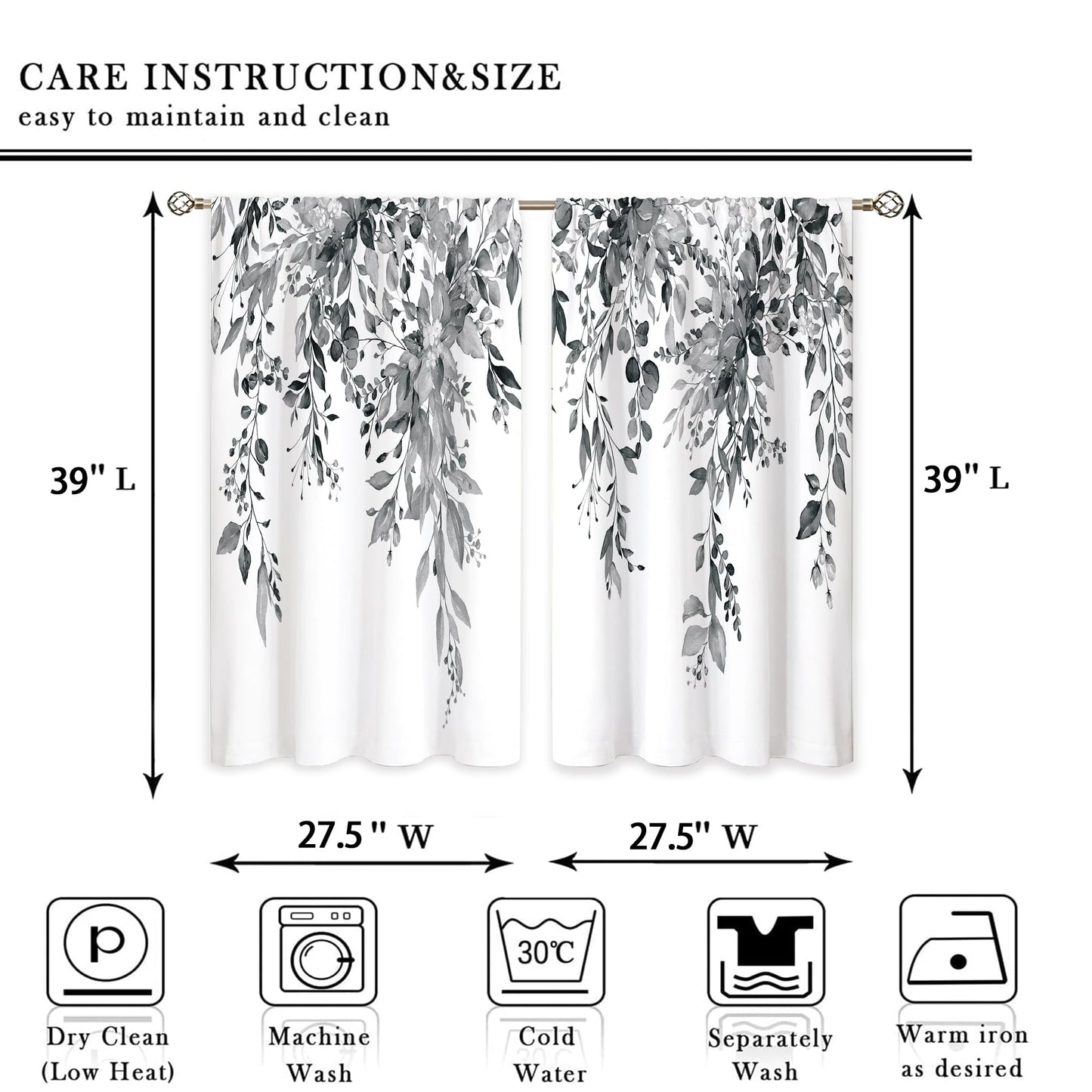 oolygoo Eucalyptus Botanical Leaves Grey Floral Kitchen Window Curtains Over Sink Farmhouse Flower Leaf Small Window Treatment Cafe Short Curtains for Bathroom Treatment Tier Drapes 27.5x39 inch