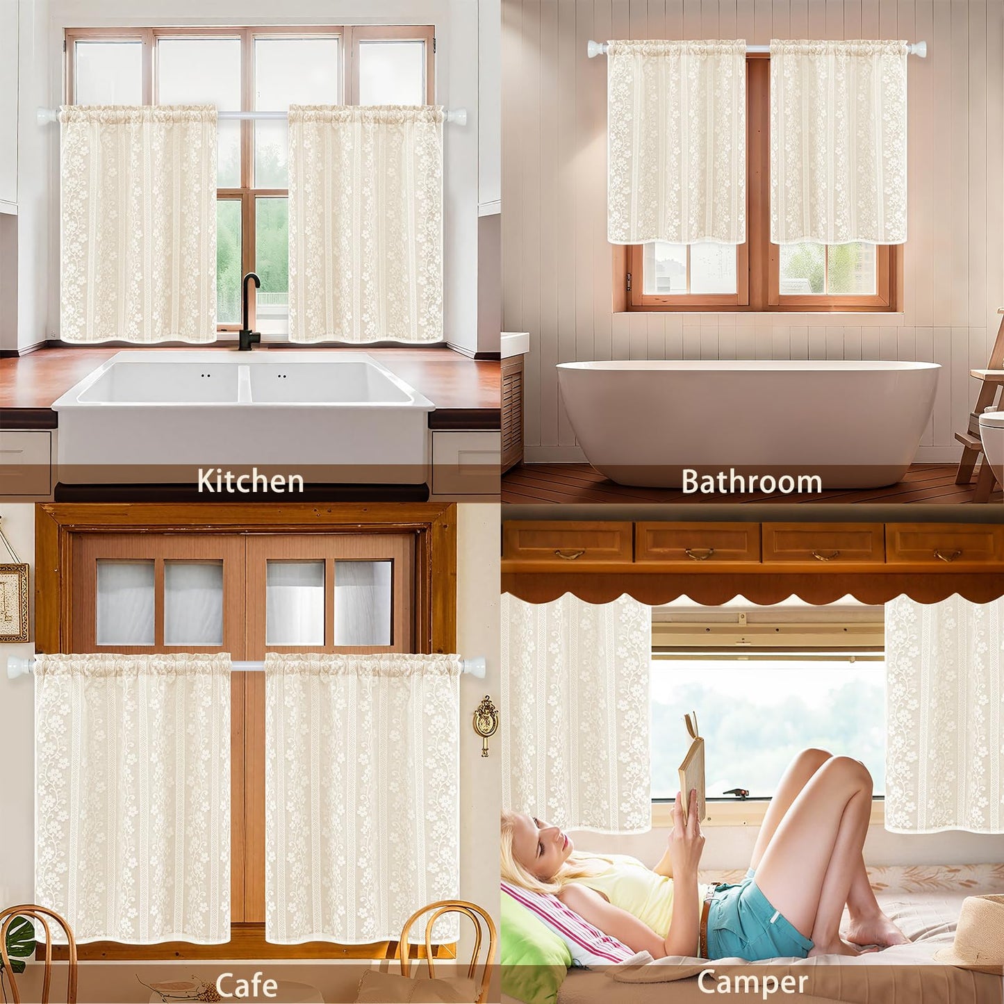ASPMIZ Linen Kitchen Curtains 36 Inch Length, Double Layered Window Curtain 2 Panel Sets Rod Pocket Short Curtains for Kitchen, Farmhouse Window Treatment Tiers for Bathroom, Cafe, Beige