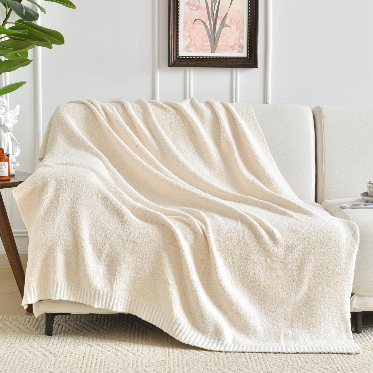 Chunky Knit Boucle Throw Blanket, Soft Washable Coastal Blanket for Bed Couch, Lightweight Cozy Oversized Feather Knit Blanket Indoor Outdoor for Sofa (Ivory White, Throw 50"x60")