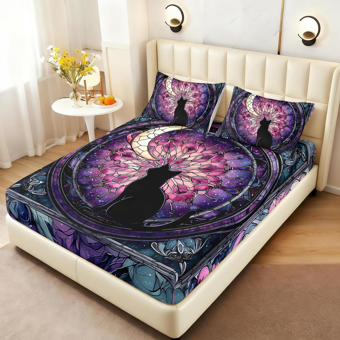 AILONEN Stained Glass Cat Fitted Sheet Set Twin Size,Purple Galaxy Mandala Celestial Bedding for Girls,3 Piece Black Kitten Room Decor with 2 Pillowcases,16" Deep Pocket