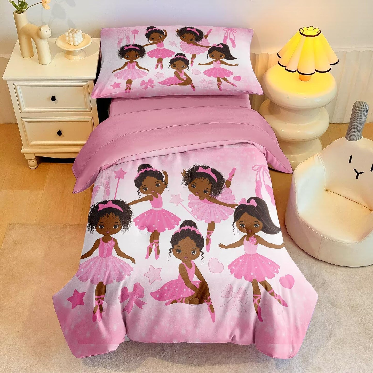 GRAT TIOC 4 Piece Toddler Bedding Set for Girls,Toddler Pink Ballerina Comforter Set,Dancer Princess Toddler Bed Comforter Set Includes Comforter, Flat Sheet,Fitted Sheet,Pillowcas
