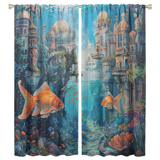 TOWINSFB Medieval Underwater Castle Blackout Curtains for Bedroom Living Room, Vintage Ocean World Fish Coral Thermal Insulated Room Darkening Curtain - 42" W x 45" L