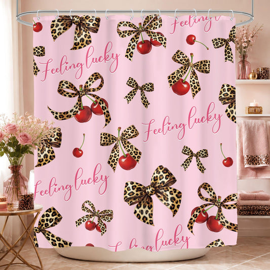 Glawry Pink Leopard Shower Curtain Trendy Cherry Bow Coquette Preppy Y2k Cheetah Print Girly Aesthetic Cute Fashion Bathroom Retro 60Wx72L Inches Bath Accessories Art Home Decor Fabric 12 Pack Hook