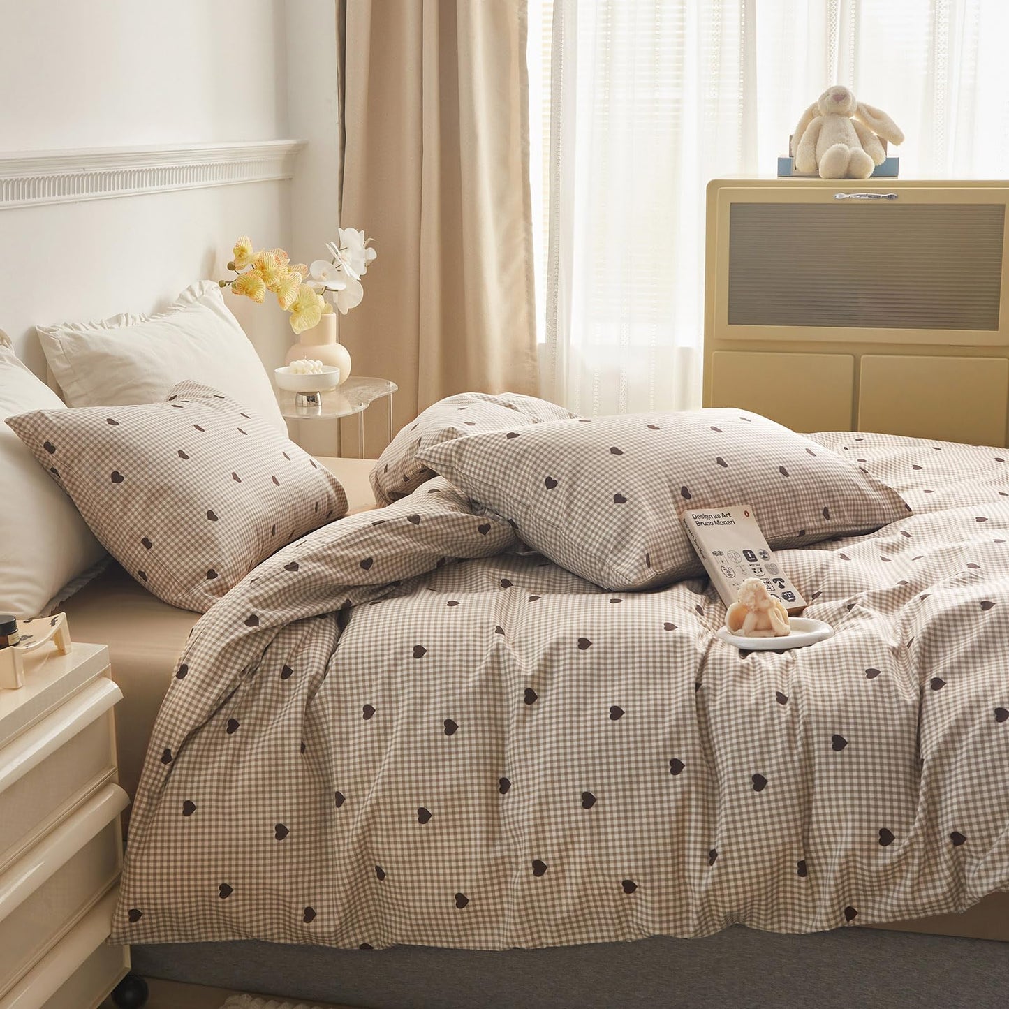 AMZTOP King Duvet Cover Set - Brown Plaid Gingham Comforter Cover with Zipper Closure - 3 Pieces, Includes 1 Duvet Cover& 2 Pillowcases, 100% Cotton King Size Bedding Sets for Teen Girls