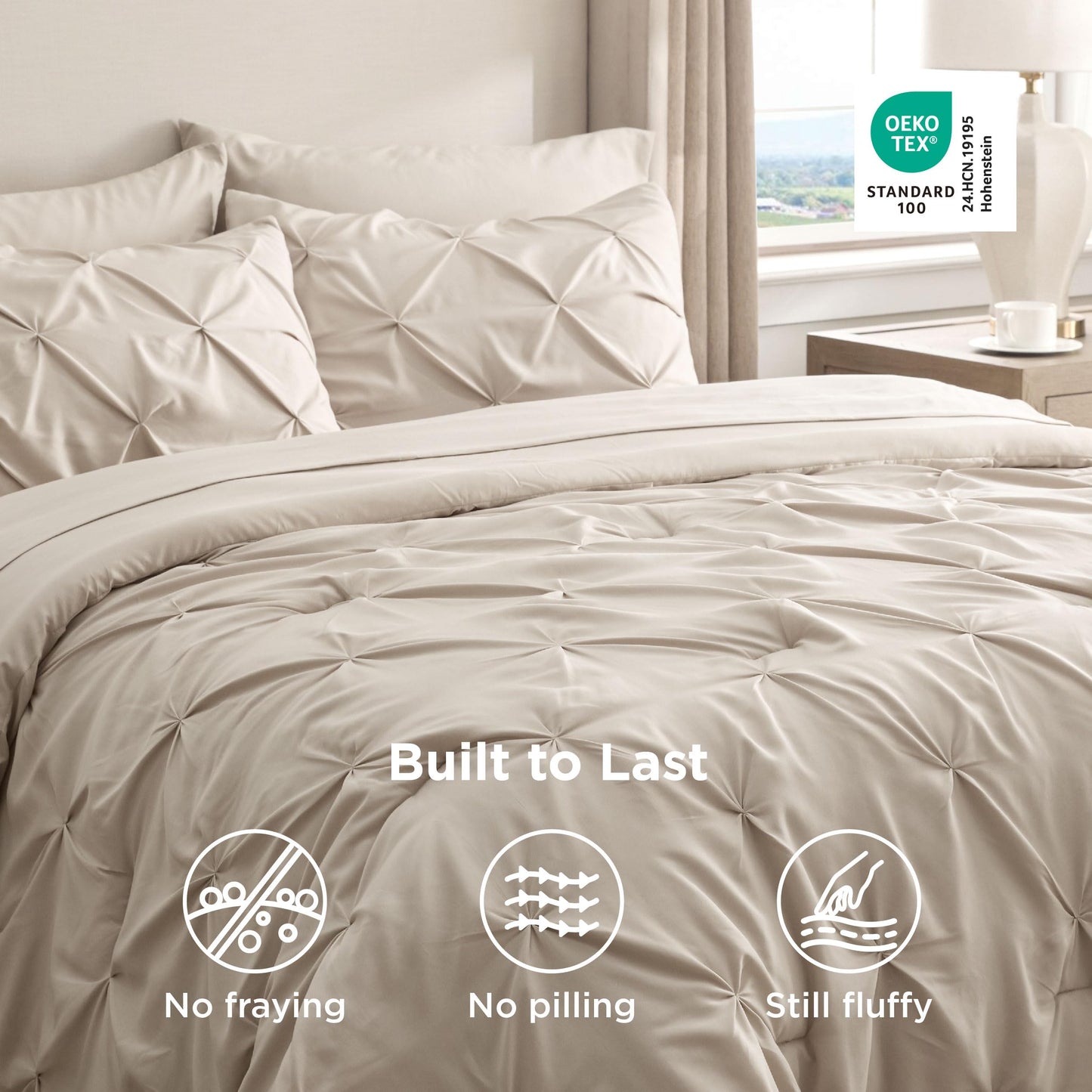 Bedsure Queen Comforter Set Beige - Bed in a Bag Queen Size Bedding 7 Pieces, GentleSoft™ Pintuck Bed Set Gift for Family, All Season Down Alternative Comforter with Sheets, Pillowcases & Shams
