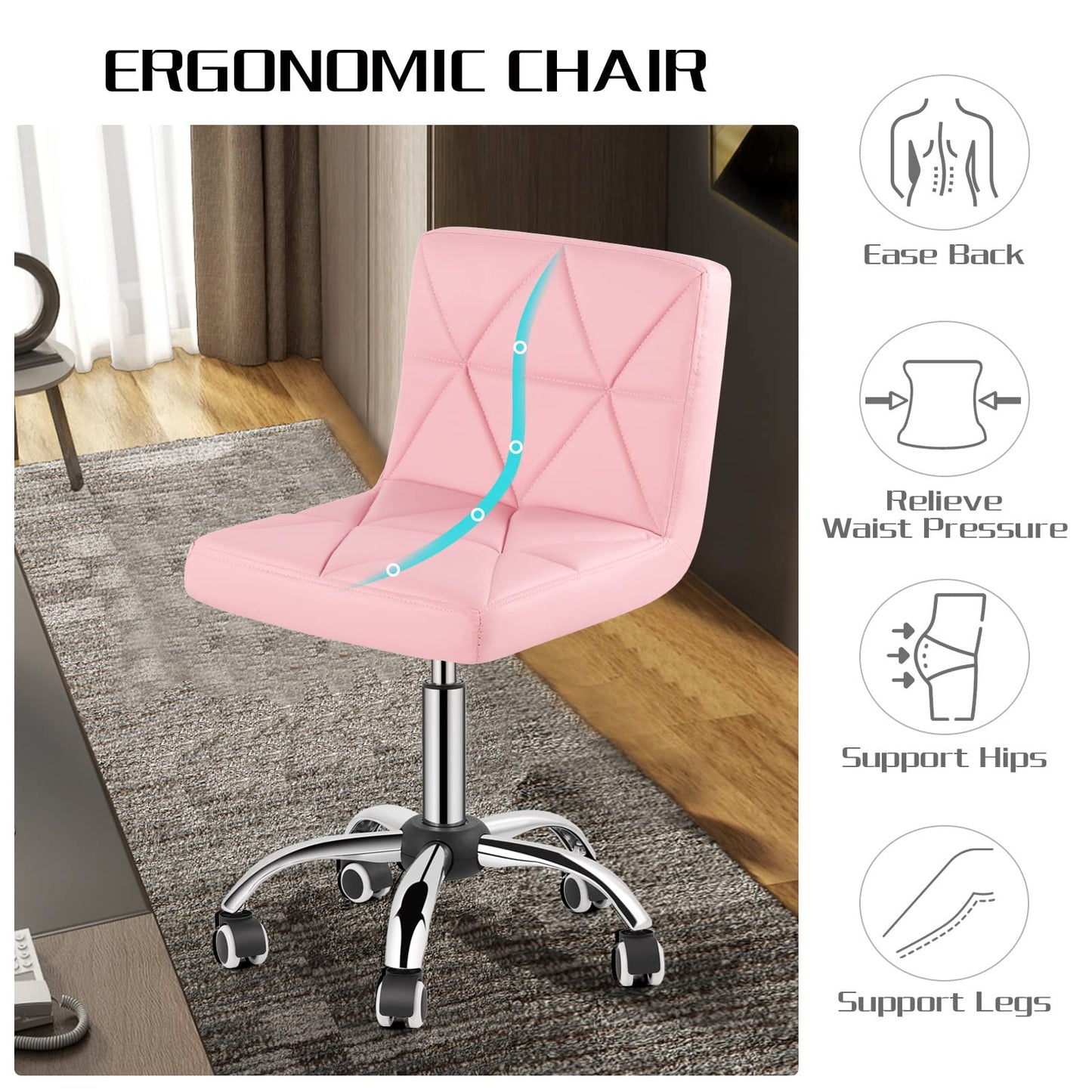 COSVALVE Armless Desk Chair, Mid Back Swivel Office Chair, Adjustable Task Chair with Rolling Wheels and Diamond Pattern, for Home Computer Barber, Pink