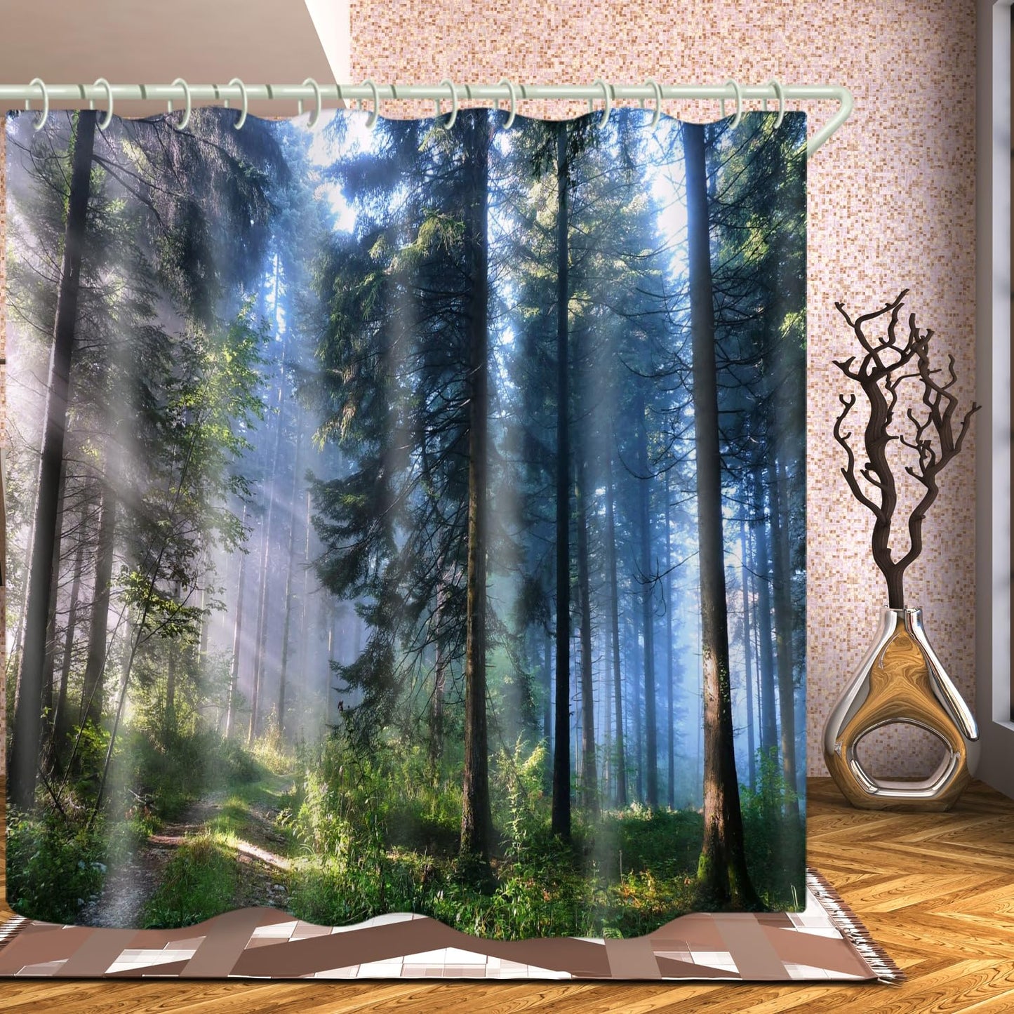 LYFANS Bathroom is Equipped with Mist Sunshine Forest 3D Shower Curtains, Deluxe Bathtub Standard Waterproof Shower Curtains, 12 White Hooks,59x71 Inch Washable Fabric Shower Curtain.