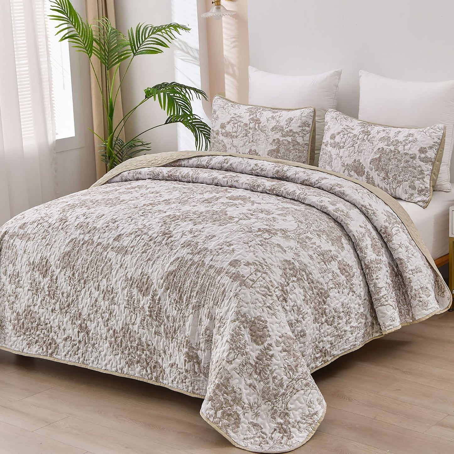 WONGS BEDDING Botanical Quilt Set Queen Size, Khaki 3 Pieces Floral Plants Printed Bedspread Bedding Set Soft Lightweight Microfiber Coverlet Set for All Season (96''x90'')