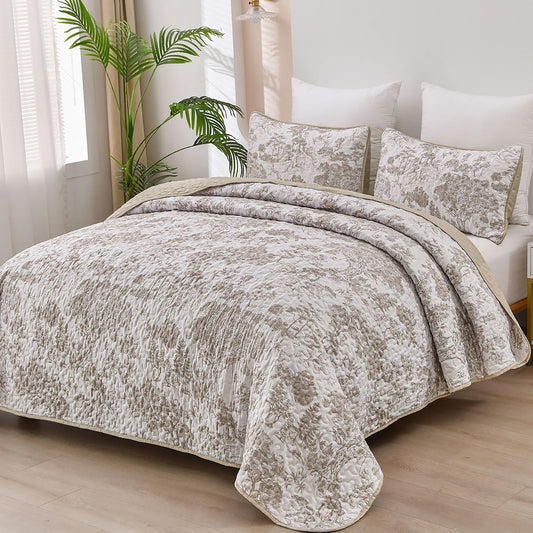 WONGS BEDDING Botanical Quilt Set Queen Size, Khaki 3 Pieces Floral Plants Printed Bedspread Bedding Set Soft Lightweight Microfiber Coverlet Set for All Season (96''x90'')