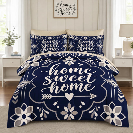 Boewywh Comforter Set Twin Size Farmhouse Housewarming Rustic 7 Pcs, Bedding for Kids and Adults, Floral Blue Bed Sheet Sets with Fitted Sheet 2 Pillowcases & 2 Shams for Bedroom Bed Decor